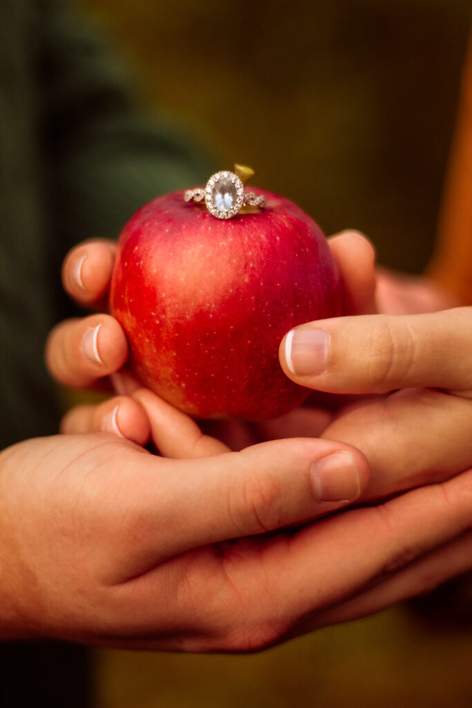 Engagement ring on an apple